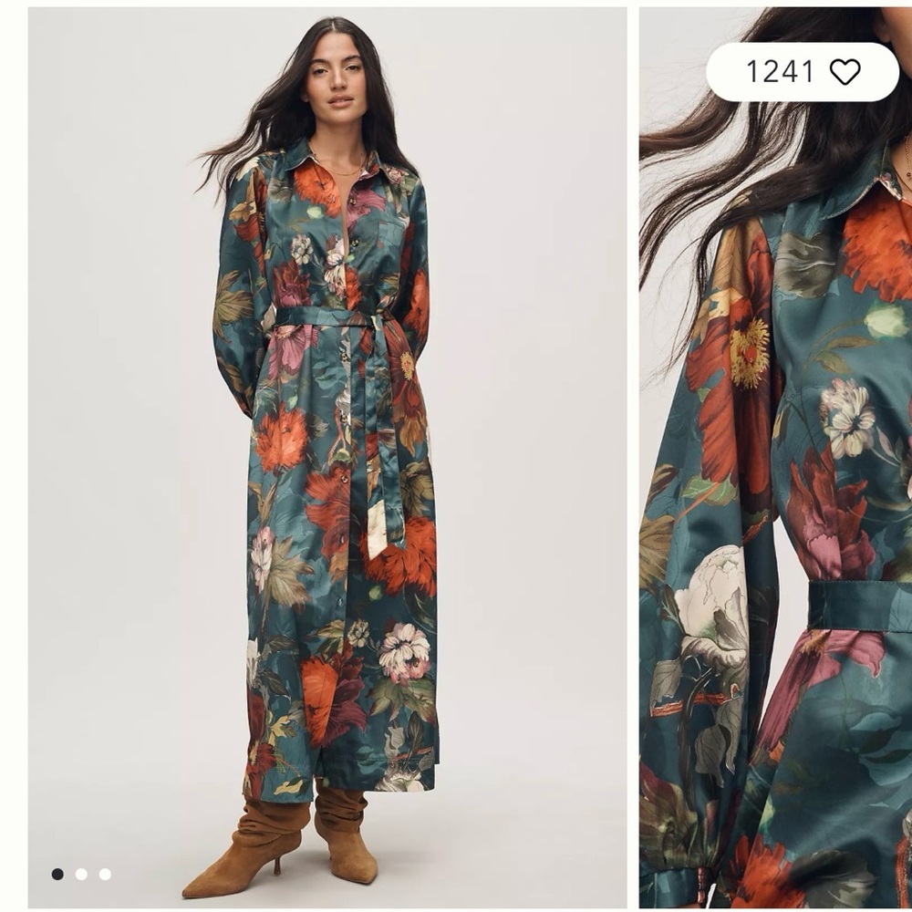 Anthropologie Maeve Mona Silky Maxi Shirt Dress Floral Teal Size S